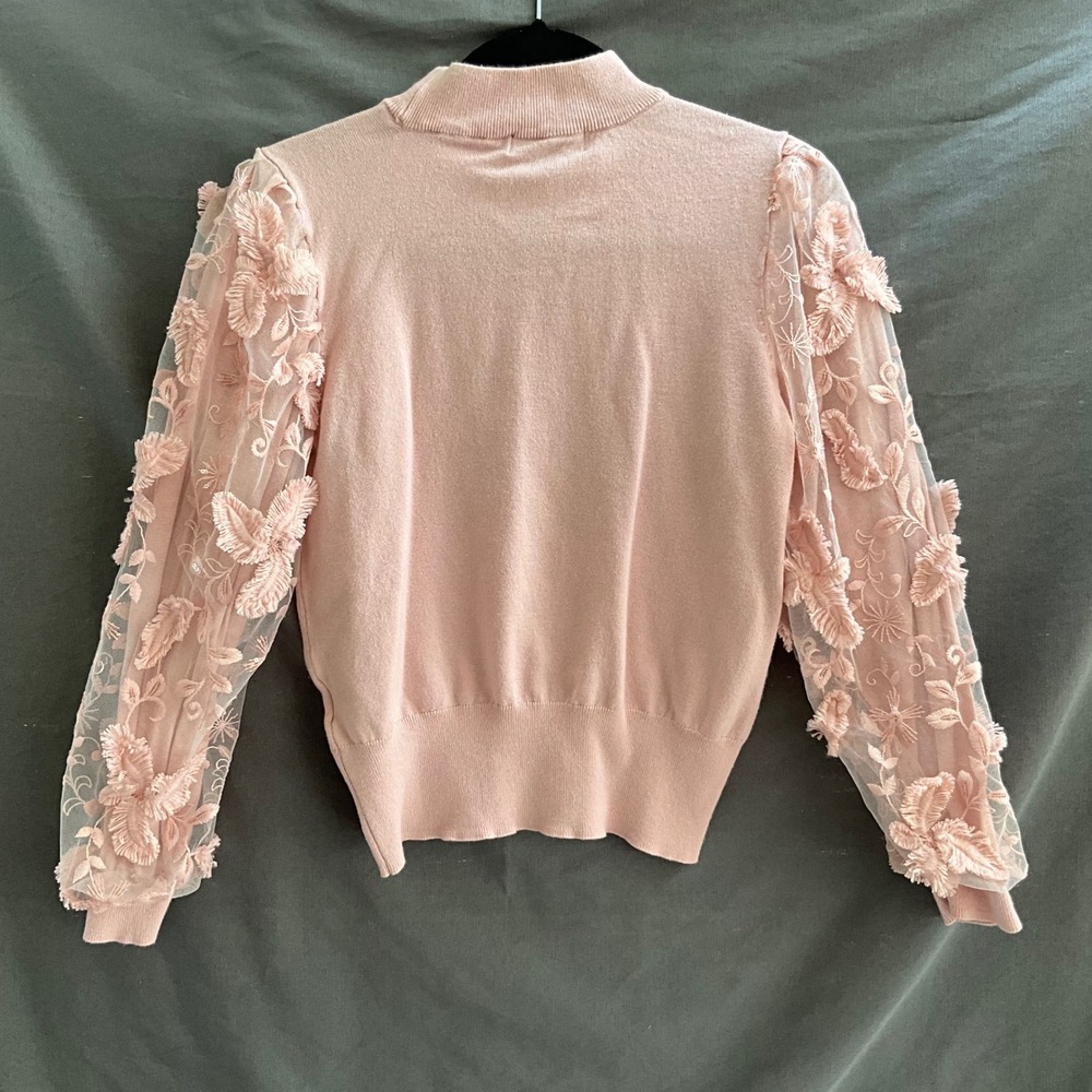 Joseph A. Blush Pink Mock Neck Sweater 3D Floral Sheer Mesh Sleeves M Fairycore - Picture 4 of 10